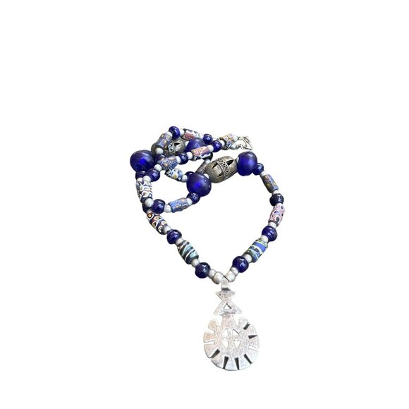 Handmade Blue Beaded Necklace with Silver Pendant Unique Artisan Jewelry Bohemia - Picture 11 of 11